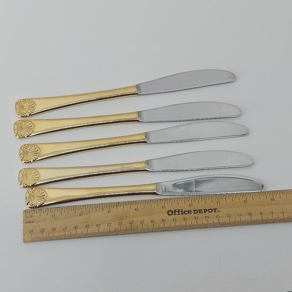 Vtg Shell Stainless Japan Gold Tone Dinner Knifes Regency - Picture 13 of 15